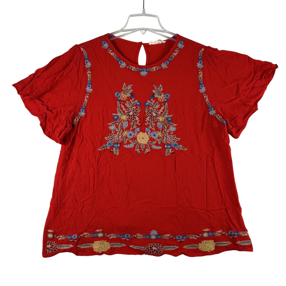 Entro Blouse Womens Large Red Embroidered Floral Flutter Sleeve Boho Rayon Top